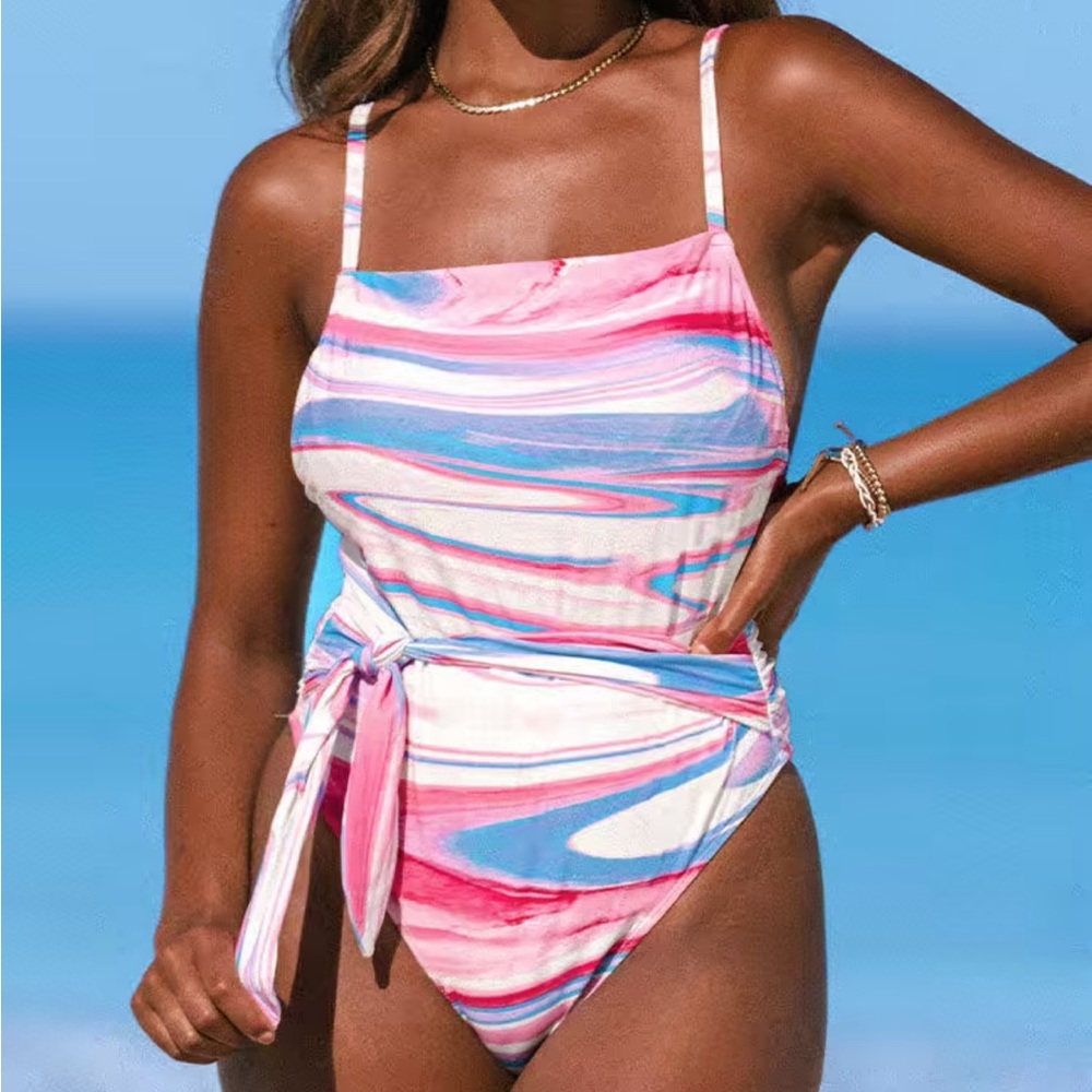 Pink & Blue Square Neck One Piece Swimsuit